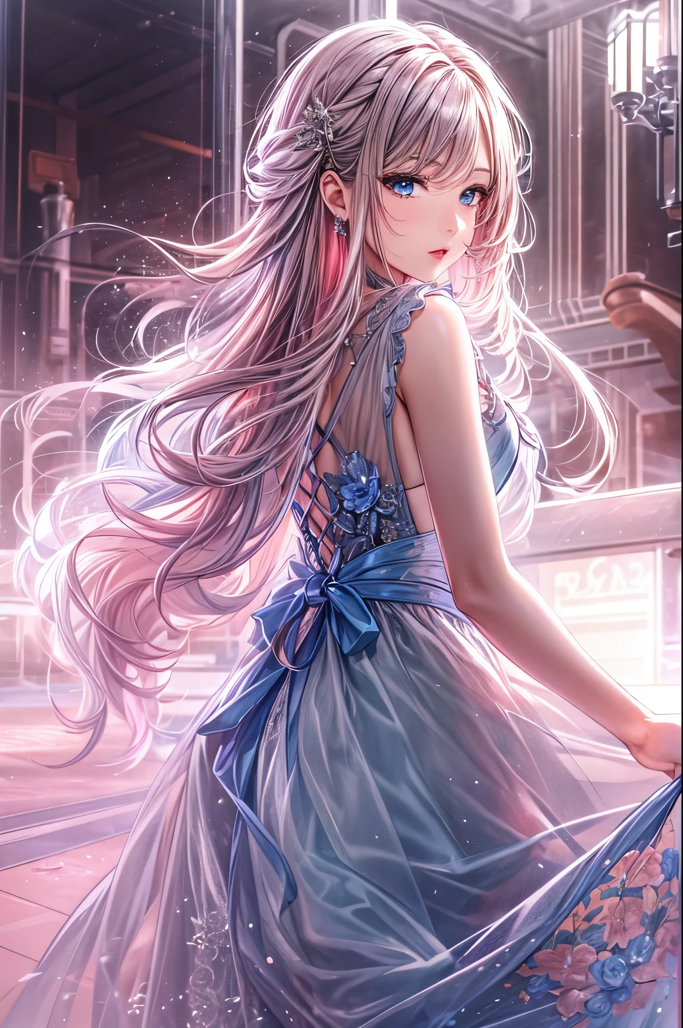 portrait, Elegant adult women, blue eyes, Long hair, side swept bangs, Sheer dress, see through dress, 4K resolution, High quality CG, fair