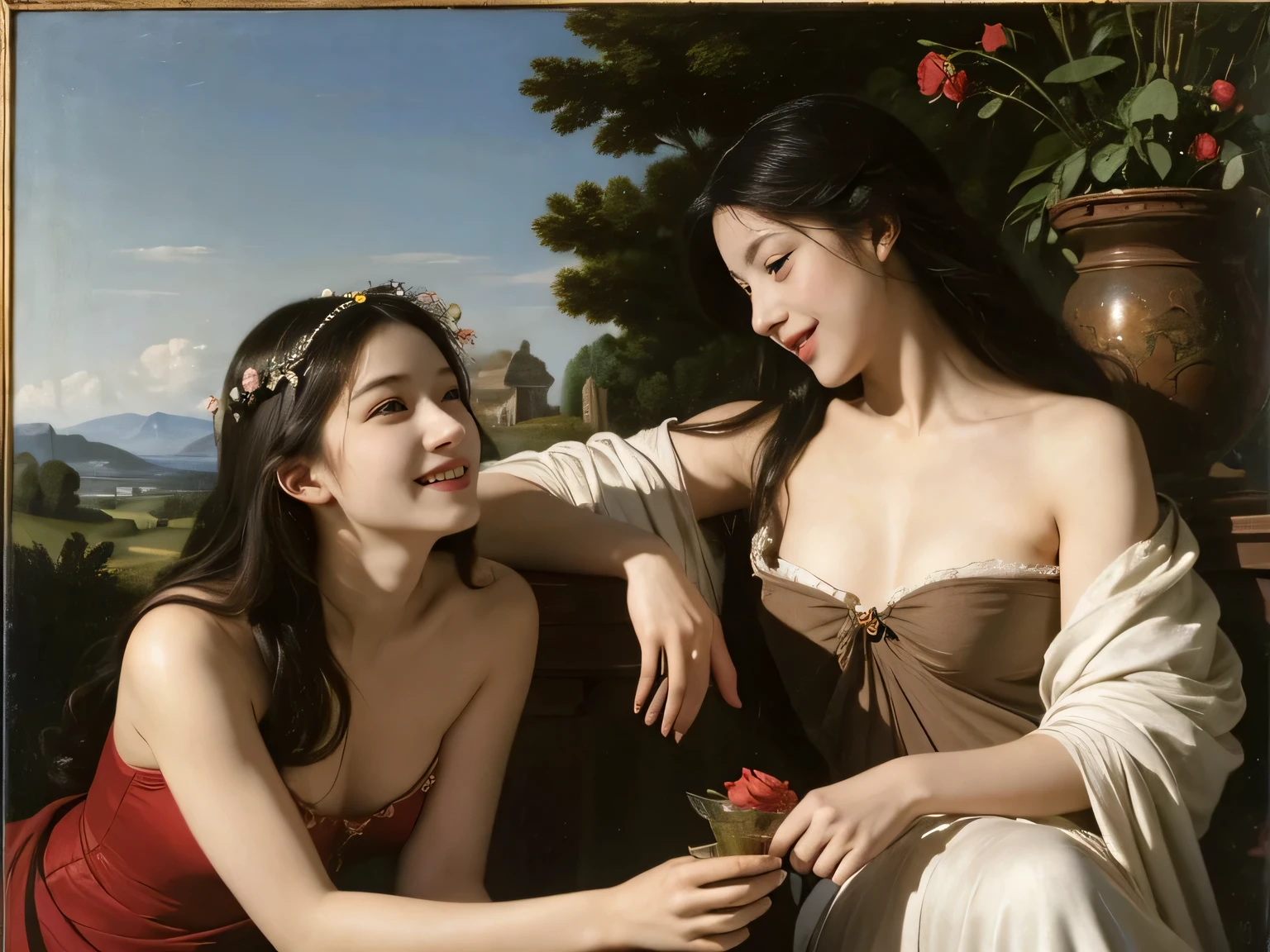 Female entanglements,full body portrait or statue、Giorgione painting style,Arguments of two female Philosophe,math、astronomical machine、astronaut、roses in vase、fruits、Cute trinkets、smile、ancient greek costume、Ancient Roman landscape in the style of Nicolas Poussin,laughter,,Sweet and seductive appearance.、Caravaggio's paintings、Chiaroscuro of Caravaggio、hair tousled by the wind,Two women frolicking,cute smile, expression of ecstasy,Sexy,erotic,nude