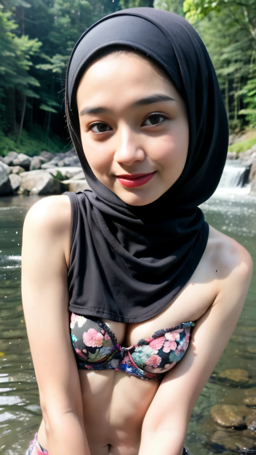 (Happy smile), (((HIJAB MALAY GIRL))), masutepiece, High quality, UHD 32K, Realistic face, Realistic skin feeling , A Japanese Lady, , , Very cute and baby-like face, (((FLAT CHEST))), (MATRIX WORLD), ((look In front at the camera and SADNESS)), ((())), (((CUTE GIRL))), ((MAROON LIPS)), ((Floral Pattern)) little wearing strapless bra, strapless colorful bra, naked at river waterfall