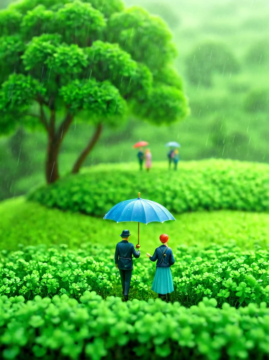 This is a miniature scene. In the middle of the picture is a clover. Some people are holding umbrellas next to the clover. Lush scenery, spring, rain, soft mist,high-definition natural light, tilt-shift photography, photographic work, octane render