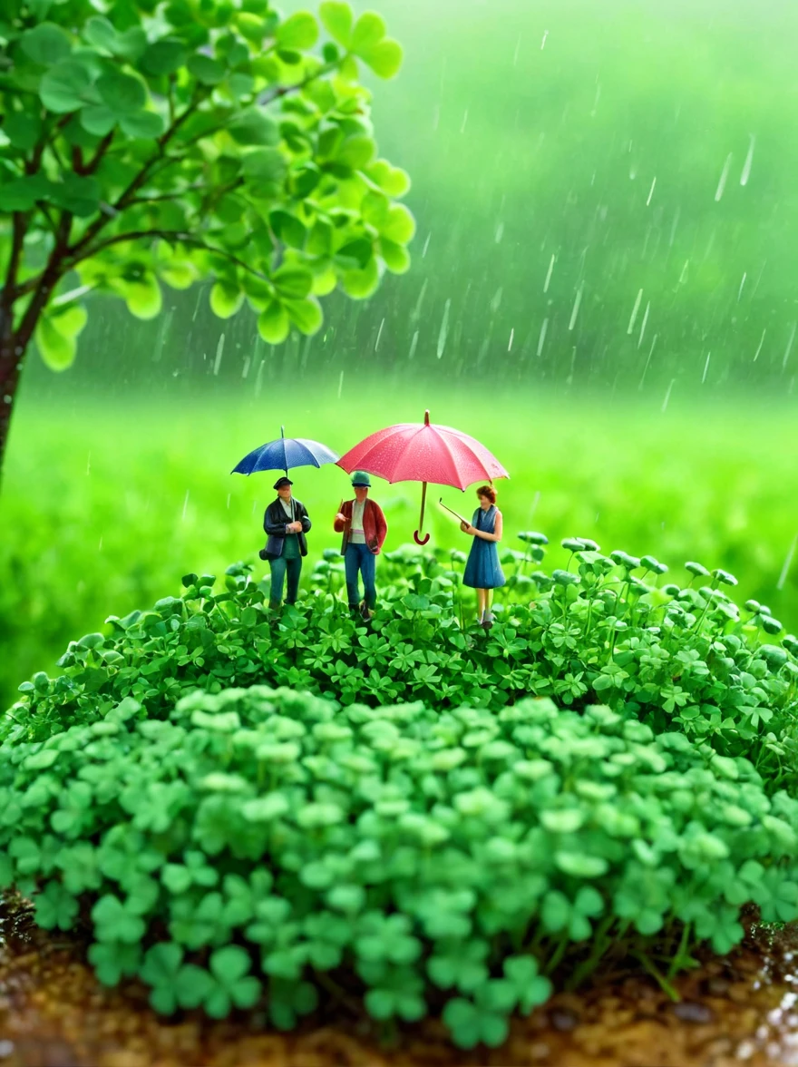 This is a miniature scene. In the middle of the picture is a clover. Some people are holding umbrellas next to the clover. Lush scenery, spring, rain, soft mist,high-definition natural light, tilt-shift photography, photographic work, octane render