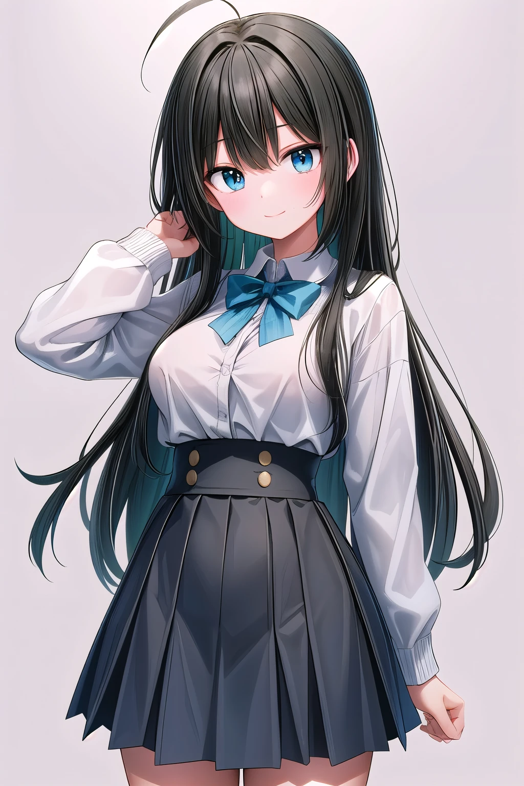 Junior high school student who looks like an elementary school student, , very short, 140cm tall, black hair with a slight green tinge, short ahoge, beautiful long hair but with a little hair sticking out, beautiful round eyes, blue eyes, smile, boyish, long sleeves , thick clothes, skirt, big breasts, hair longer than waist, long hair, young face, dark greenish black hair, gentle smile, a little shy, skirt is black, hair is black but has a slight green tinge, boyish and gentle smile I have.