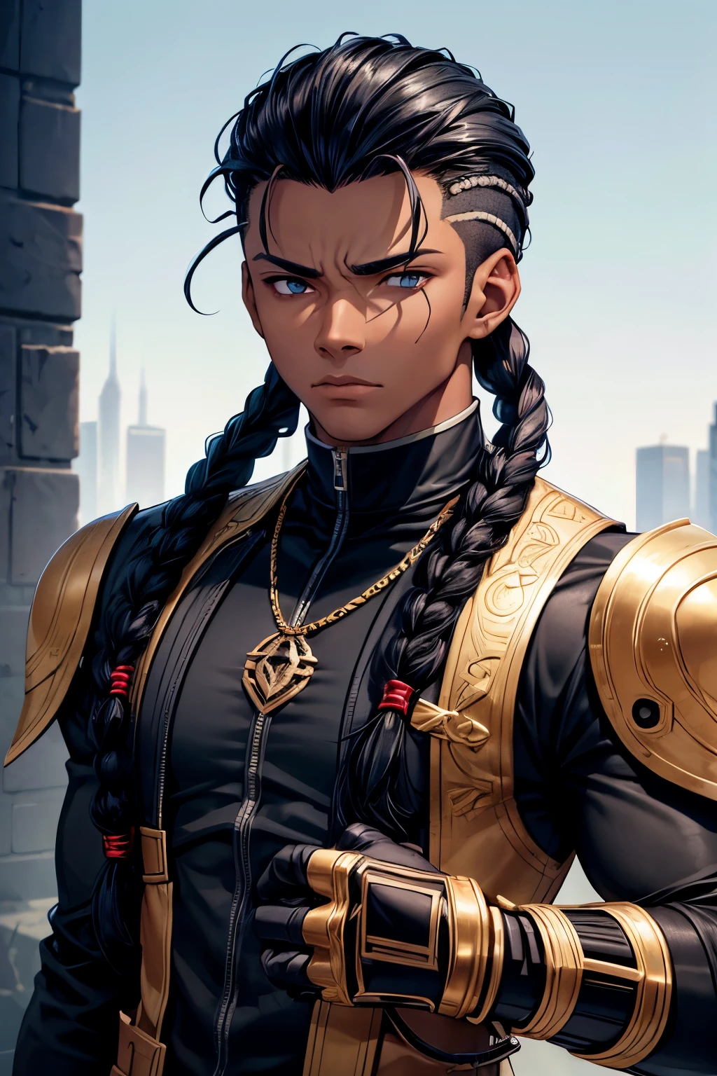 Create a young black man of about 20 years old, of average height and athletic physique. He has black hair in a double dutch braid style, cut short on the sides. His eyes are not very expressive, with dark irises that shine with intensity and his expression seems a little tired. Her skin is a dark brown, radiant and healthy. He usually wears stealthy black rogue-style clothing, with a mix of streetwear style and military tactical clothing, he also has a metal gauntlet that has claws on his fingers. This gauntlet covers his entire forearm. It has a serious and cold look.Do it in the anime style.Focus on the details of your hair (don't forget that it MUST be two braids) and skin tone