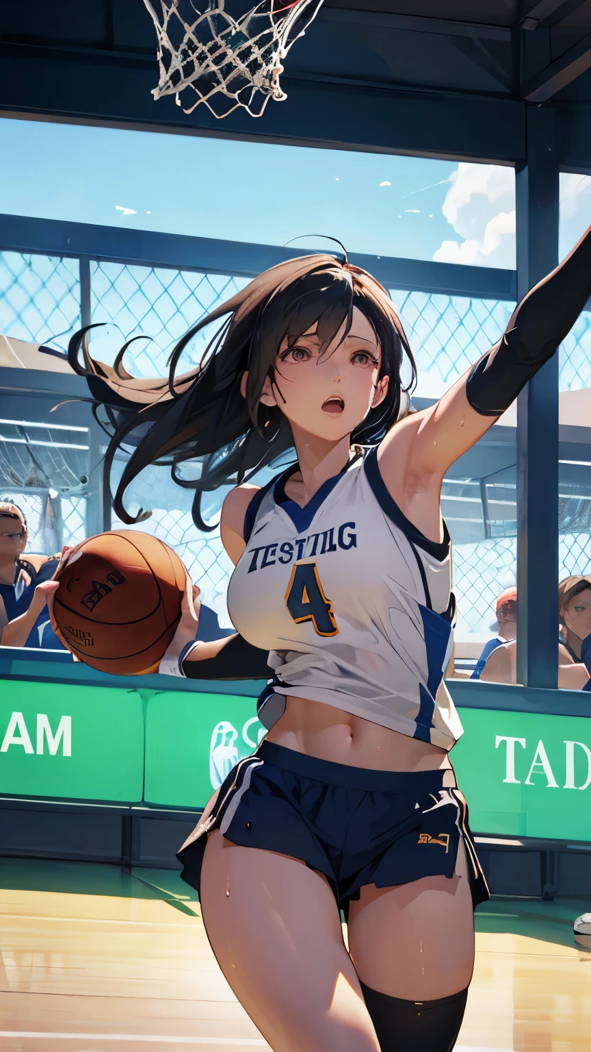 ((best quality)), ((masterpiece)), (detailed), perfect face, (best quality), (detailed skin:1.3), (intricate details), Female professional basketball player, NBA, ((dunk shot, bascketball)), under the goal, jumping, sweat pouring out, a scene during the game, tifa lockhart, cowboy shot