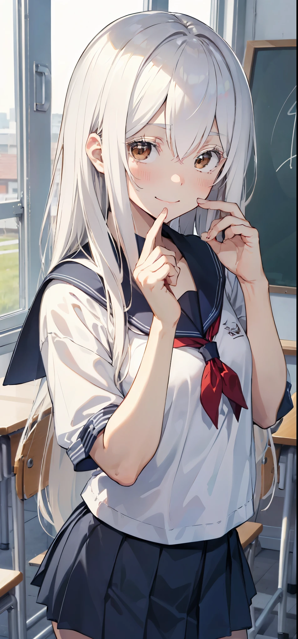 Confused, High resolution, Very detailed, Echidna, Brown eyes, Medium Chest, Butterfly Hair Ornament,pure white hair、 (White false eyelashes:1.1), Looking at the audience,Have a cute smile、School classroom、Sailor suit、brother、Put your hands on your mouth、