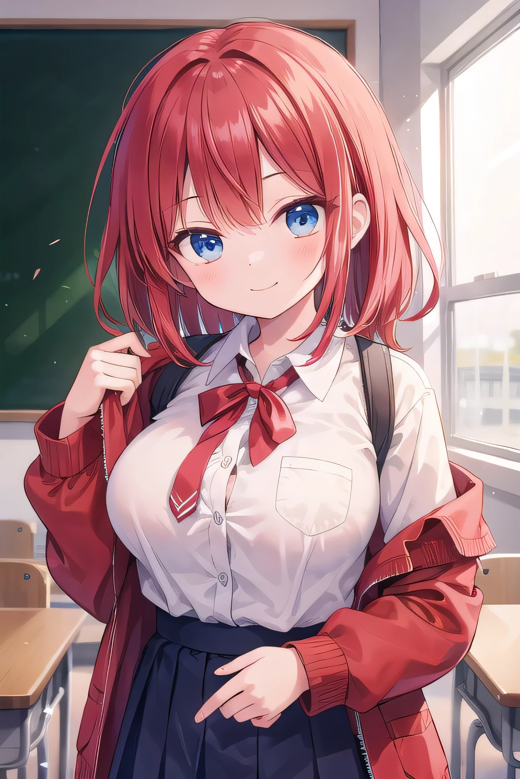 Big breasts, red hair, blue eyes, droopy eyes, red jacket, long sleeves, navy skirt, , super big breasts, (medium hair: 1), baggy clothes, elementary school studentt, 10 years old, old, shy Agari, smiling a little, trtton his shirt the classroom, white shirt, soft hair.