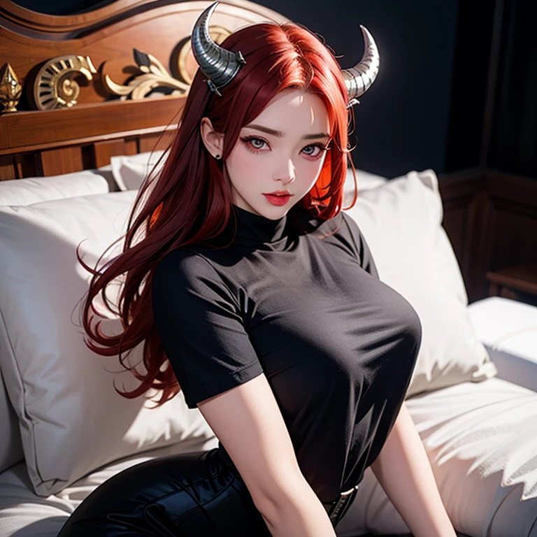 Highly detailed, erotic seductive female with horns, tight shirt, (busty,  are so big that shirt keeps popping, red hair), face centered, focused face, intricate eyes, solo demon girl, full body, palace setting infernal, highlight the demon girl, queen of hell