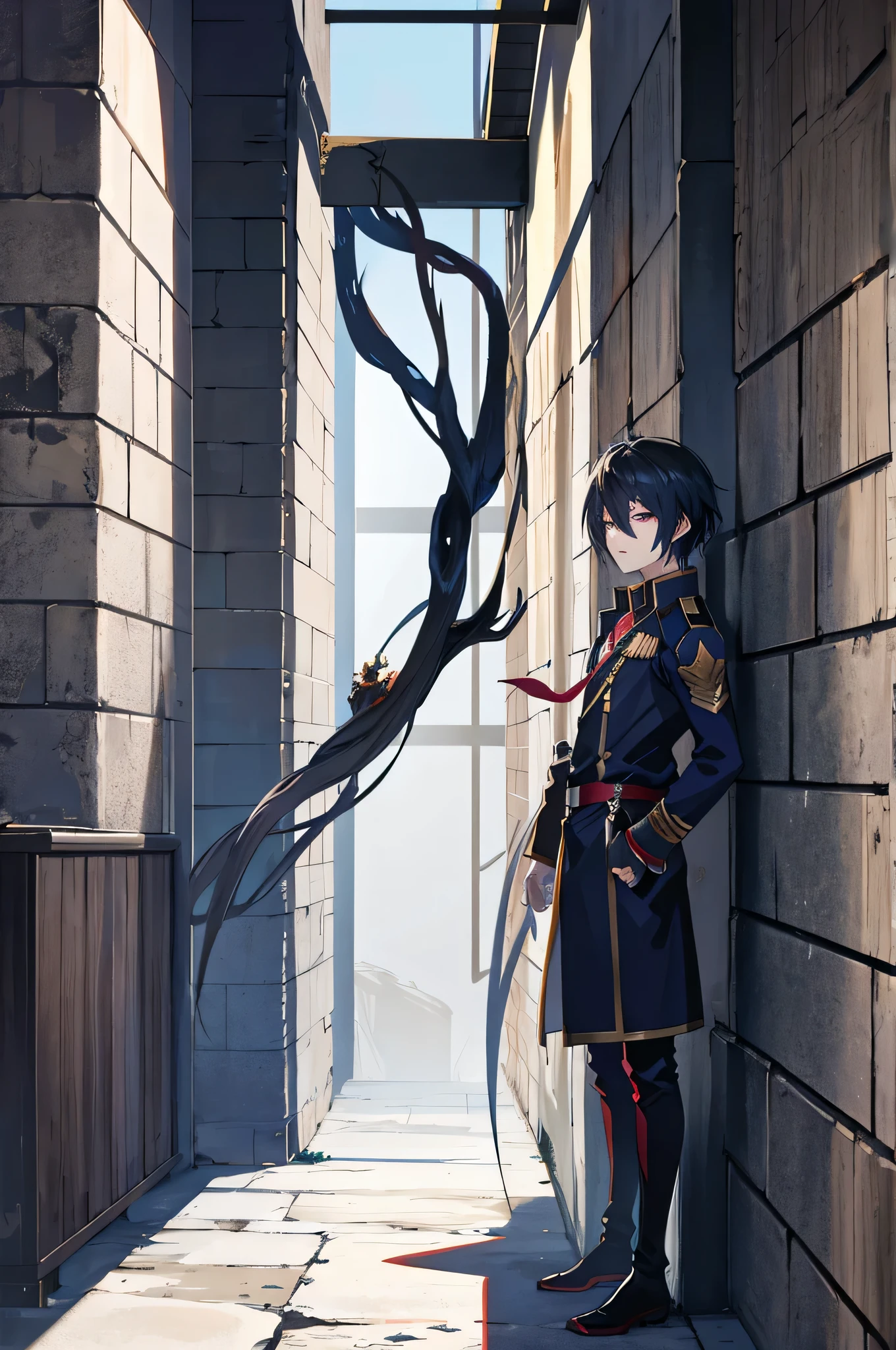 Anime boy leaning against a wall, shadow young wizard, Epic anime style, anime key artโดยละเอียด, Shadowverse style, Fantasy style anime, Demon Man, anime key art, conjunctivitis, black hair.,Strong Man,Standing against the wall of the house, facing to the side, wearing a commander's uniform.