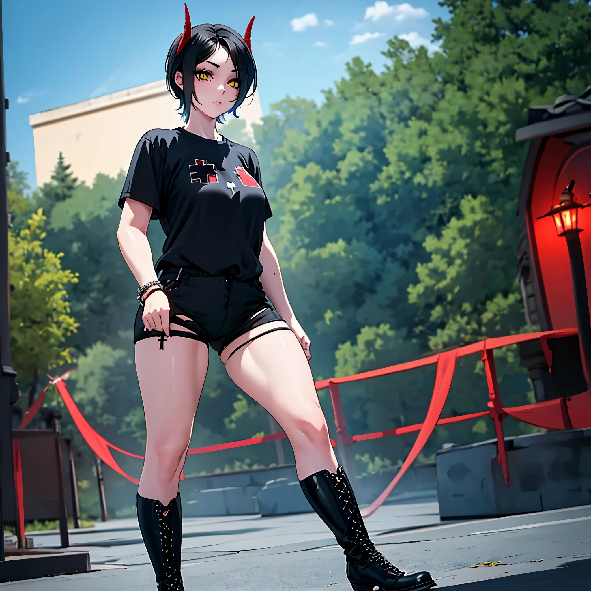 a woman wearing a black shirt, black denim shorts, wearing bracelets with the iron cross symbol, black boots, short black hair, red horns, yellow eyes, walking on a walk in a park at night..HDR, ultra resolution, well defined, masterpiece, 8K HD. (solo woman)
