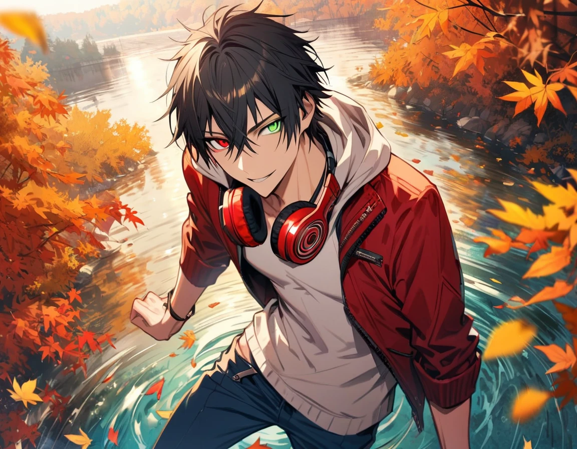 Ultra detailed, Highres, absurdres, Yamada Ichiro, black hair, heterochromia, right green eye, left red eye, red jacket, white hoodie, Hypnosis Mic, red headphones around his neck, autumn, petals, orange and yellow leaves, water, handsome, happy, sexy man, toned chest, solo, very detailed eyes and face, blue pants,