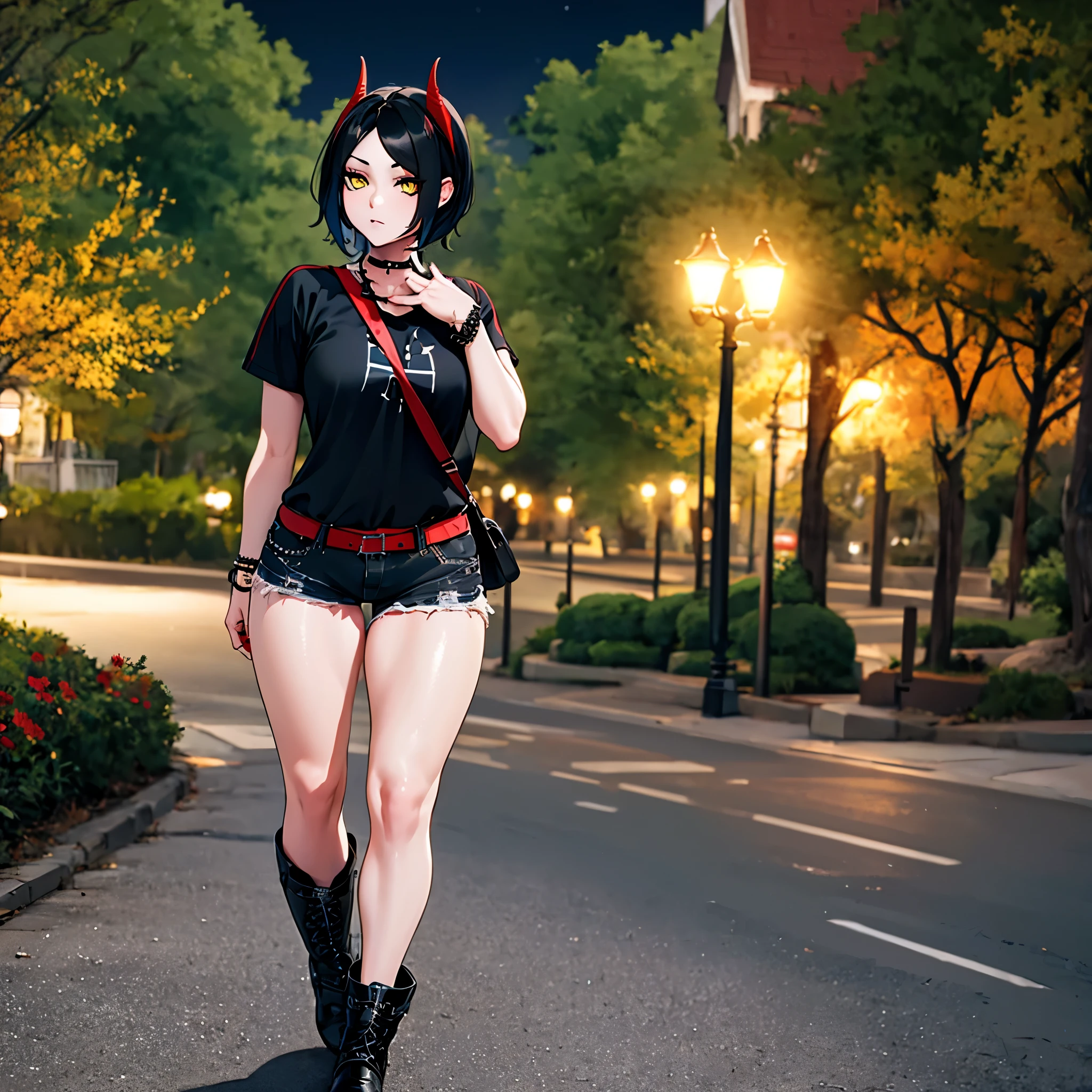 a woman wearing a black shirt, black denim shorts, wearing bracelets with the iron cross symbol, black boots, short black hair, red horns, yellow eyes, walking on a walk in a park at night..HDR, ultra resolution, well defined, masterpiece, 8K HD. (solo woman)
