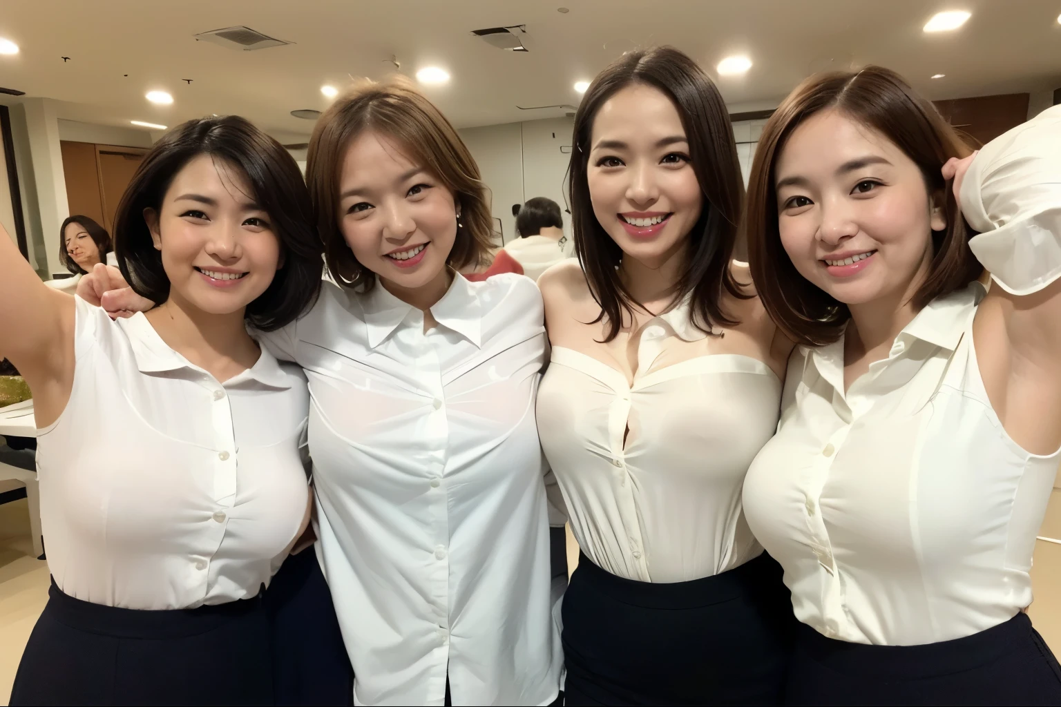 ​masterpiece, Better Quality, hight resolution, ((Photorealsitic:1.4, Raw photography, ultra high resolution,Top image quality: 1.4)), ((Do not split)),((upper body 1.5)), Beautiful detailed eyes, Natural Color Lip, ((Random Age)), ((A big smile:1.5)), ((Random and cute  hairstyle)), ((Random breast sizes from large to medium:1.3)), ((white shirt:1.6)), ((peer in from below)), ((bedroom)), ((Random and cute facial expressions)),, ((3 girls, Three people standing side by side:1.5)) very detailed and professional lighting, ((Random and cute facial expressions:1.5)), ((Random showing off my armpit:1.5)), ((thigh visible:1.5)),((Random lift up skirt))