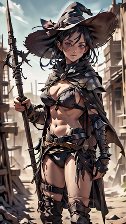 (((masterpiece))), (((High resolution))), (((high quality))), witch, Big hat, Bikini Armor, big breasts, Cape, staff