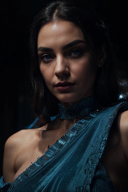 Portrait of a woman with hypnotic glacier-blue eyes, mesmerizing sight, evil eyebrows, wearing an elaborate red dress with fine details, her deep black hair cascading down her shoulders, ultra-realistic, dramatic lighting, dark background.