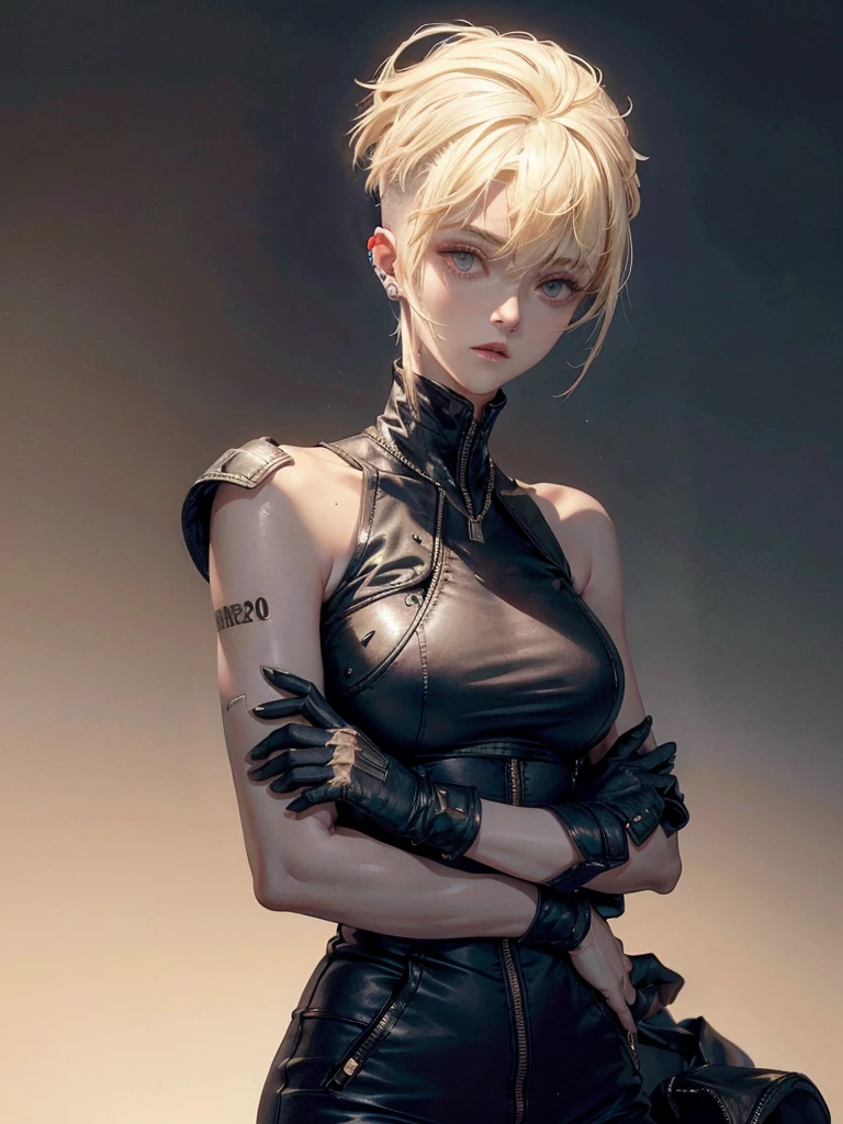 a 20 yo woman, blonde, (hi-top fade:1.3), dark theme, soothing tones, muted colors, high contrast, (natural skin texture, hyperrealism, soft light, sharp)