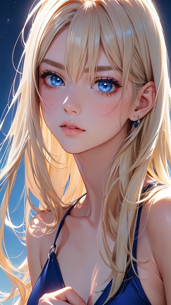 highest quality、Realistic、Night Sky、full moon、moonlight、Adult Woman、zoom、look up、cute、cobalt blue eyes、blonde、long hair、Swimsuit、Face close-up、slender