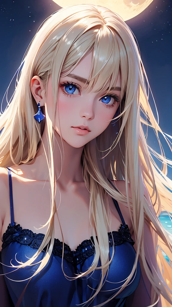 highest quality、Realistic、Night Sky、full moon、moonlight、Adult Woman、zoom、look up、cute、cobalt blue eyes、blonde、long hair、Swimsuit、Face close-up、slender