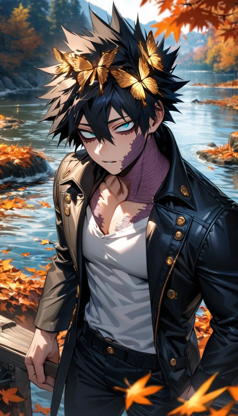 absurdres, highres, ultra detailed, HDR, master piece, best quality, extremely detailed face and eyes, Dabi, black hair spiked around his head, hair between the eyes, expressive turquoise eyes, Boku No Hero Academia, solo, sexy man, extremely handsome, adult face, black coat, white shirt, black pants, water, autumn, orange leaves, golden butterflies