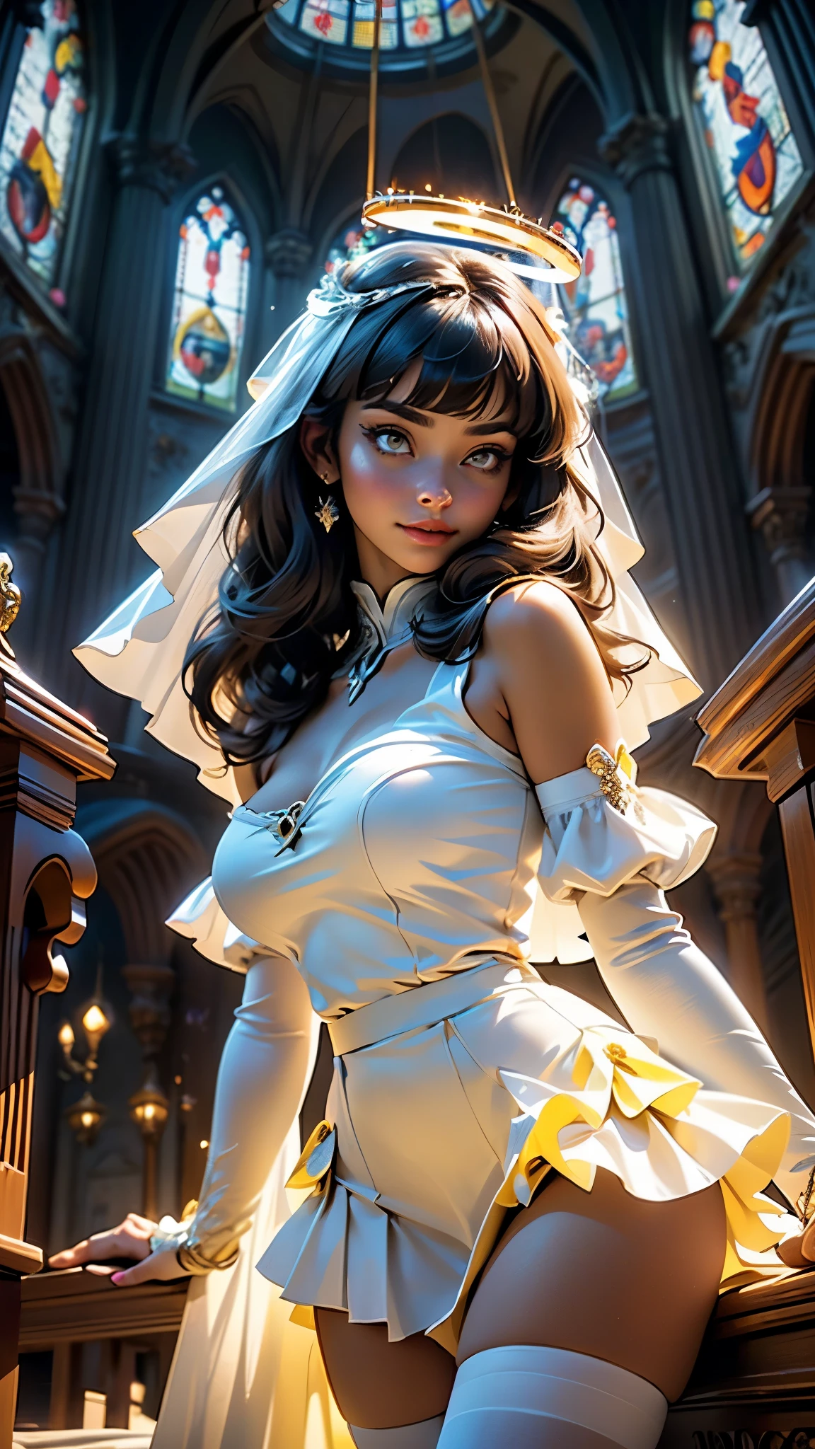 nun girl,(((1girl))),(((************))),

(large breasts:1.2),((((blunt bangs,gray hair,long hair,sidelocks)))),((yellow_eyes:1.5)),(cross-shaped pupils,symbol-shaped pupils),intricate eyes,beautiful detailed eyes,symmetrical eyes,Big eyes:1.5,((fat)),(((lustrous skin:1.5,bright skin: 1.5,skin tanned,shiny skin,very shiny skin,shiny body,plastic glitter skin,exaggerated shiny skin,illuminated skin))),(spider lower abdomen,narrow waist,wide hip,athletic body,inflated legs,thick thighs,detailed body,(detailed face)),

cute,slutty,seductive,erotic,(nsfw),

(bare shoulders,black bow,black bridal gauntlets,bow ,breast curtains ,bridal gauntlets ,cleavage,hair bow),((black dress ,black sleeves,detached sleeves,dress,frilled skirt ,frilled sleeves,frills,layered skirt,skirt,sleeveless,sleeveless dress,white skirt,wide sleeves)),(black thighhighs,thick thighs,thigh strap ,thighhighs ,thighs),((nun)),((halo:1.5))

(dynamic pose:1.0),smile(centered,scale to fit dimensions,Rule of thirds),

((church,Huge floor-to-ceiling windows)),entrance lights through the windows,scenery:1.25,intricate scenery,((church background)),

(Glossy church ornaments),highres,sharp focus,(ultra detailed,extremely detailed),(photorealistic artwork:1.37),(extremely detailed CG unity 8k wallpaper),(((vibrant colors,vibrant theme))),(intricate),(masterpiece),(best quality),artistic photography,(photography taken by sldr),(intricate background),perfect rendered face,perfect face details,realistic face,photo realistic,((intricate detail)),(((realism))),