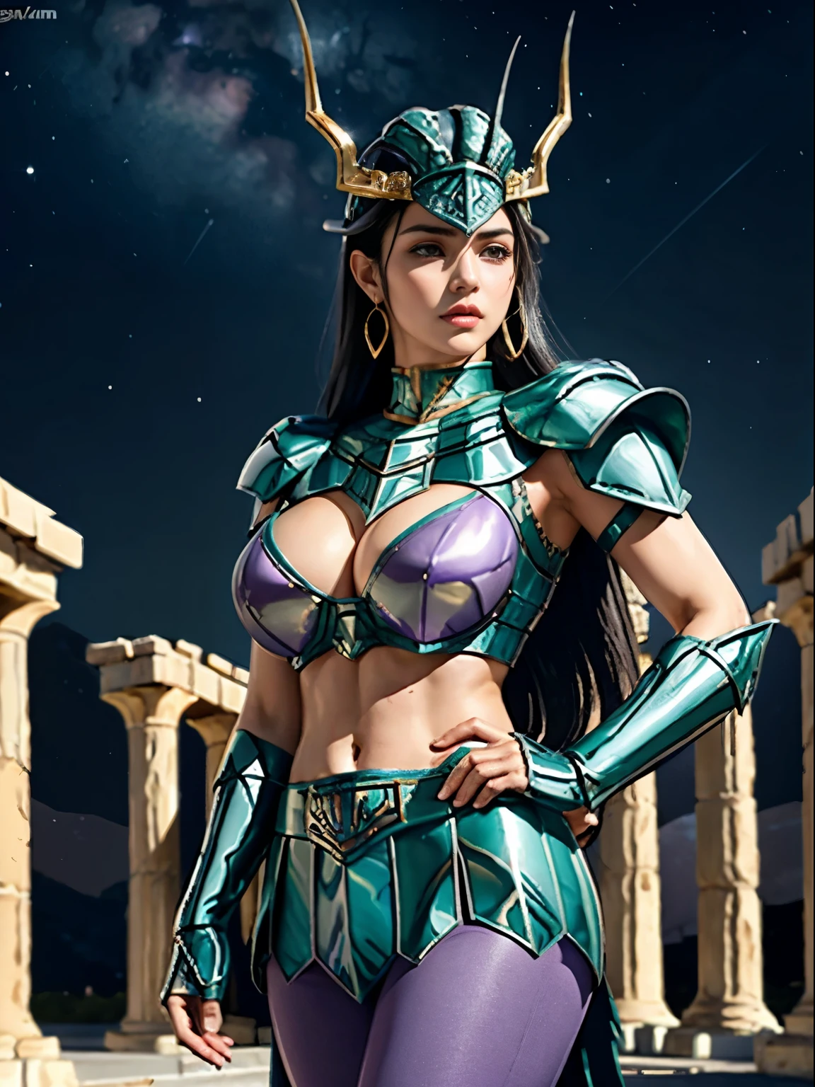 masterpiece, best quality, ultra high res, realistic skin texture, armature, (photorealistic:1.4), high resolution, raw photo, shiny skin, realistic skin texture, best lighting, sparkle, dramatic lighting, dynamic pose, (greek temple background:1.3), night sky, cosmos, milky way, 1girl, (medium breast:1.1), balanced eyes, Dragon Shiryu wearing green silver armor, purple pants, purple short sleeve shirt, wearing dragon helmet, roman skirt plate, (breast plate:1.5), very long hair, cleavage,