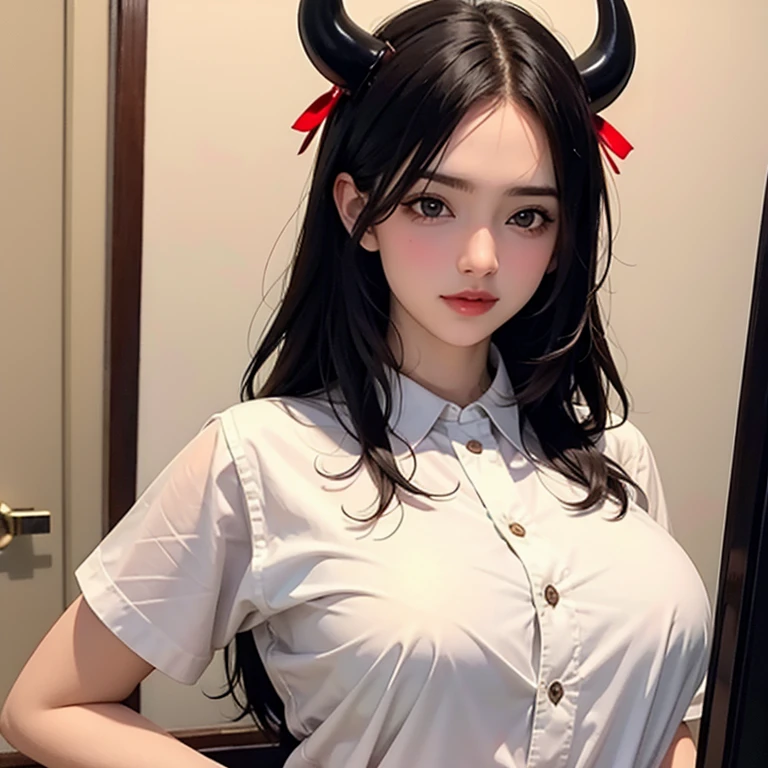 Altamente detallado, Seductive erotic woman with horns, Camisa ajustada a la piel, (tetona, The tits are so massive that the shirt keeps tearing, Pelo rojo), centrado en la cara, Cara enfocada, ojos intrincados,