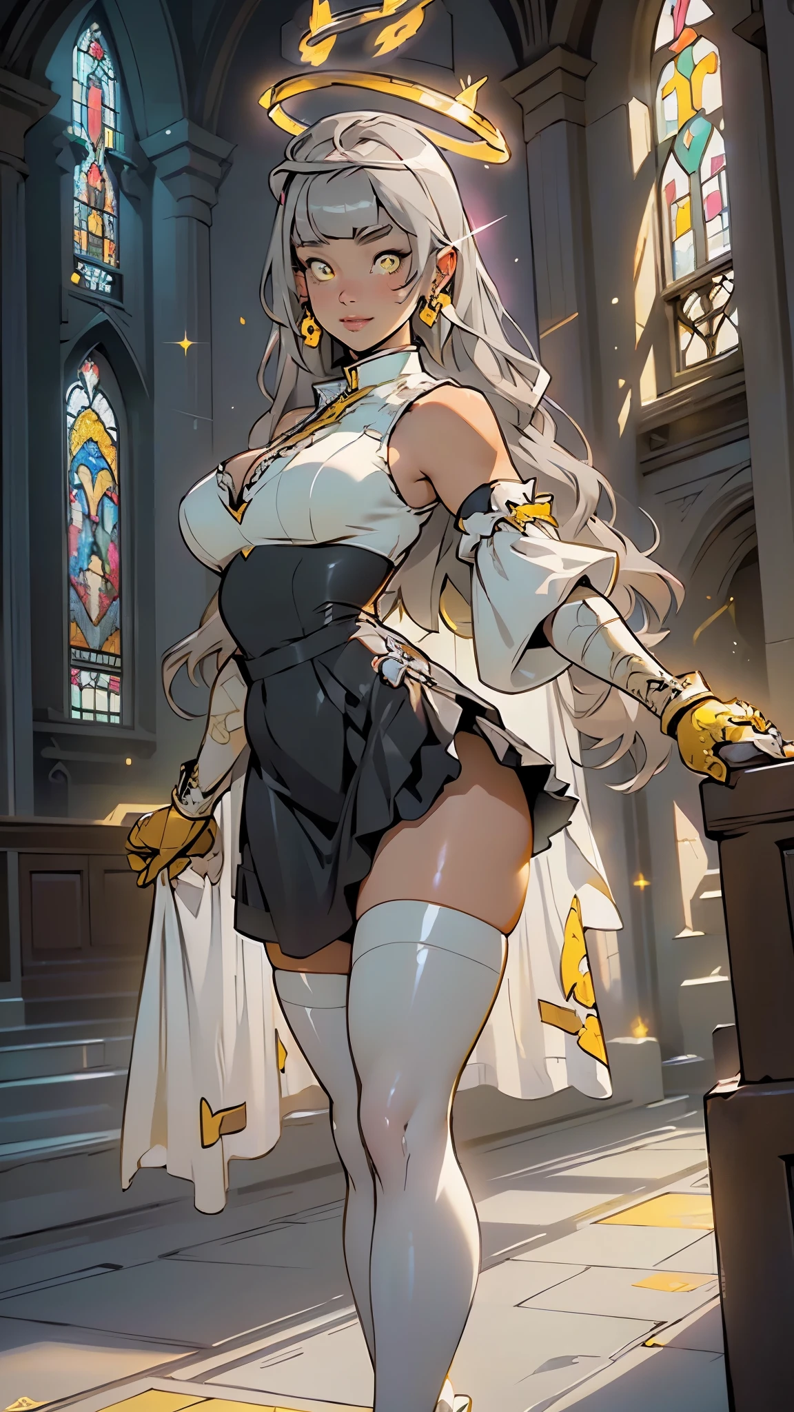 nun girl,(((1girl))),((())),
(large breasts:1.2),((((blunt bangs,gray hair,long hair,sidelocks)))),((yellow_eyes:1.5)),(cross-shaped pupils,symbol-shaped pupils),intricate eyes,beautiful detailed eyes,symmetrical eyes,Big eyes:1.5,((fat)),(((lustrous skin:1.5,bright skin: 1.5,skin tanned,shiny skin,very shiny skin,shiny body,plastic glitter skin,exaggerated shiny skin,illuminated skin))),(spider lower abdomen,narrow waist,wide hip,athletic body,inflated legs,thick thighs,detailed body,(detailed face)),
cute,slutty,seductive,erotic,(nsfw),
(bare shoulders,black bow,black bridal gauntlets,bow ,breast curtains ,bridal gauntlets ,cleavage,hair bow),((black dress ,black sleeves,detached sleeves,dress,frilled skirt ,frilled sleeves,frills,layered skirt,skirt,sleeveless,sleeveless dress,white skirt,wide sleeves)),(black thighhighs,thick thighs,thigh strap ,thighhighs ,thighs),((nun)),((halo:1.5))
(dynamic pose:1.0),smile(centered,scale to fit dimensions,Rule of thirds),
((church,Huge floor-to-ceiling windows)),entrance lights through the windows,scenery:1.25,intricate scenery,((church background)),
(Glossy church ornaments),highres,sharp focus,(ultra detailed,extremely detailed),(photorealistic artwork:1.37),(extremely detailed CG unity 8k wallpaper),(((vibrant colors,vibrant theme))),(intricate),(masterpiece),(best quality),artistic photography,(photography taken by sldr),(intricate background),perfect rendered face,perfect face details,realistic face,photo realistic,((intricate detail)),(((realism))),