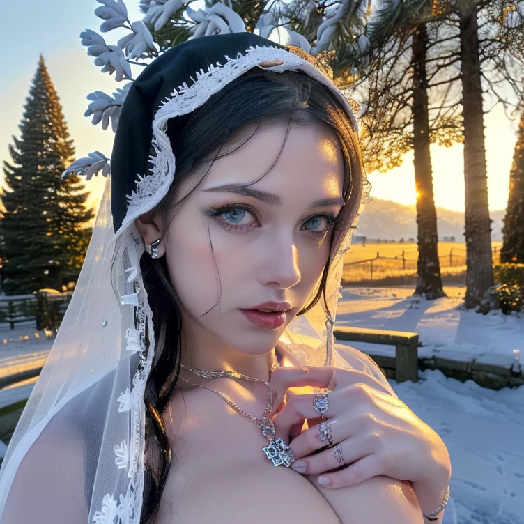 1 miniature Beautiful beautiful woman - Yuan Sayuki, ((top quality, 8K, Masterpiece:1.retty woman, 1 woman, huge breasts:1.3, a slim body:1.1, lush white short hair, (shower, wet body, wet clothes:1.1), very detailed face, detailed lips, detailed eyes, double eyelids, Detailed blue eyes, чрезвычайно Detailed Outstanding Blue Eyes, short white wet hair, white wet hair, Detailed Outstanding Blue Eyes, innocent look at the viewer, ,very wet wavy white hair, Detailed Outstanding Blue Eyes, huge cross earrings, Outdoors, badges behind, gothic wedding uniform, sexy gothic style wedding dress with veil, bare chest, huge chest tattoo wearing a wreath, detailed huge catholic cross earrings, chest tattoo, Outside - there are trees and a buddhist temple in the background (mountain vicinity), wear a silver cross (Detailed cross shape), reality mode, wet breasts, black necklace, black wedding dress and black veil, human crowd behind, head/forehead chain veil, black latex gloves, naked breasts, naked breasts, naked nipples, hair of white snowy colour, night time, red neon lights, demonic nun, nimbus (golden lighting ring above her head), angel, snowy weather, detailed and flawless buddhist temple behind, absolute midnight time, neon lights behind, it is night-time, total night