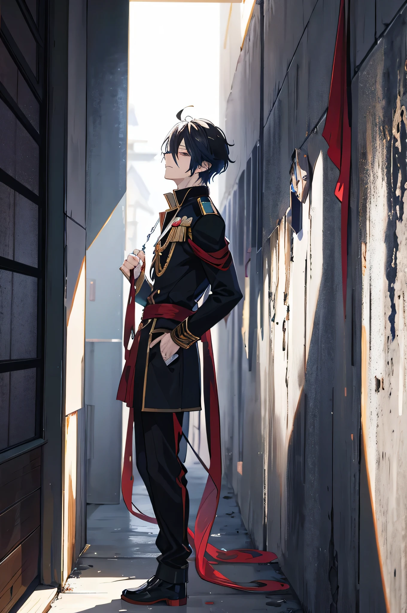 Anime boy leaning against a wall, shadow young wizard, Epic anime style, anime key artโดยละเอียด, Shadowverse style, Fantasy style anime, Demon Man, anime key art, conjunctivitis, black hair.,Strong Man,Standing against the wall of the house, facing to the side, wearing a commander's uniform.