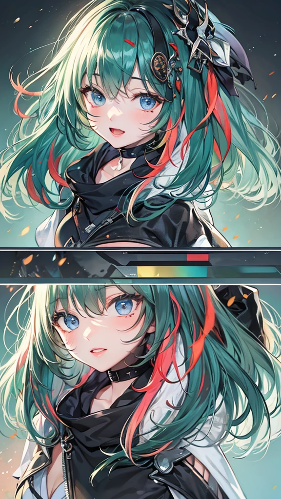(masterpiece, best quality,8k,CG),1 girl,short hair, (Black Hair |Green Hair), rainbow hair colorful hair,Gradient hair color,
(Transparent plastic coat:1.2),Black T-shirt,(Simple background:1.2) ,shining, Light Particles, Moles under the eyes, Hair shaking, Big foam, clavicle, scarf, Light Particles, Flare,Beautiful breasts、Huge breasts:1.4,Full breasts,Nipple protrusion