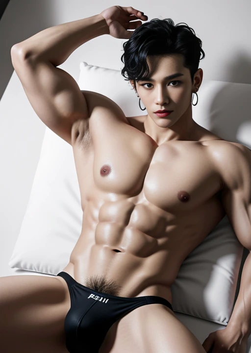 (((1boy))), realistic, super detailed, studio  clear light, ultra HD, human skin, An incredibly attractive, manly, kpop actor, chinese actor, beautiful dark  mess curly styling hair, smooth skin, flawless, earings, tattoo chest, tattoo arms, tattoo hands,  young man wearing sheer see through clothing while lounging on a bed of fluffy pillows, sexy expression, look at viewer, showing off his glistening, shiny, oily athletic body. Pecs, abs, biceps,tattoo (large hard perky nipples)     bulgerk-soft  (silver  transperent skimpy briefs), long big dick, dick in correct good shape, masturbate, 