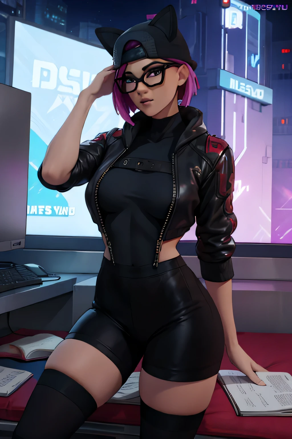 Traje de lino Cyberpunk, gorra, shorts negro con leggins Azul Marino, chaqueta Negra,Extremadamente detallado, rostro detallado, gafas ,hermoso rostro, ojos finos, mirando al espectador, pose femenino, Noche