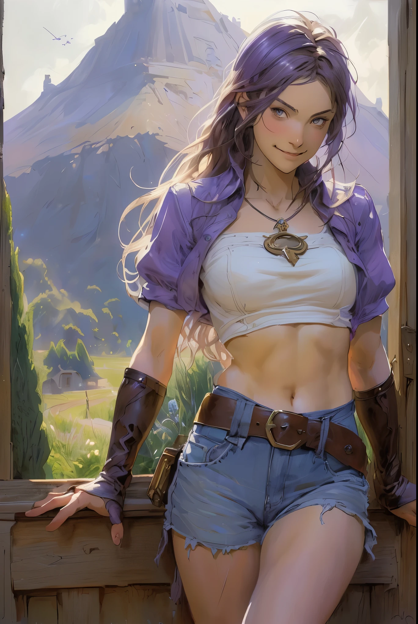 realism, dark fantasy style, John Tolkien style, Small painting by Jean-Baptiste Monge, soft facial features, Rocker Girl, smilesI broadly, laughs loudly, Look into the distance, smile widely, long wavy darkbrown hair, hair fluttering in the wind, smilesI, laughingwithI, stands in the center of a lavender floor, In a short dark leather shirt, shirt...., shorts, jeans, half trousers, mischievous character, I'I'm standing next to a bicycle, Early morning, lavender field Jean-Baptiste Monge, anthropomorphic --ar 2:3 --testp - optimistic; ,art by Casimir, illustrations by Shigenori Soejima, Boris Vallejo. Detailed drawing of an anime character, подробнаI key figure anime, Granblue Fantasy, Beautiful girl in the art of dancing, Taise Roman, A clear portrait of a role-playing game, Masamune Shiro, key figure anime