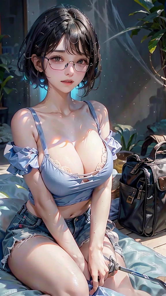 masterpiece, best quality, 1 girl, beach, sitting on a beach towel, short hair, Glasses, t-shirt, shorts, have, blush, summer, soda can, Bag,Beautiful breasts、Huge breasts:1.4,plump breasts