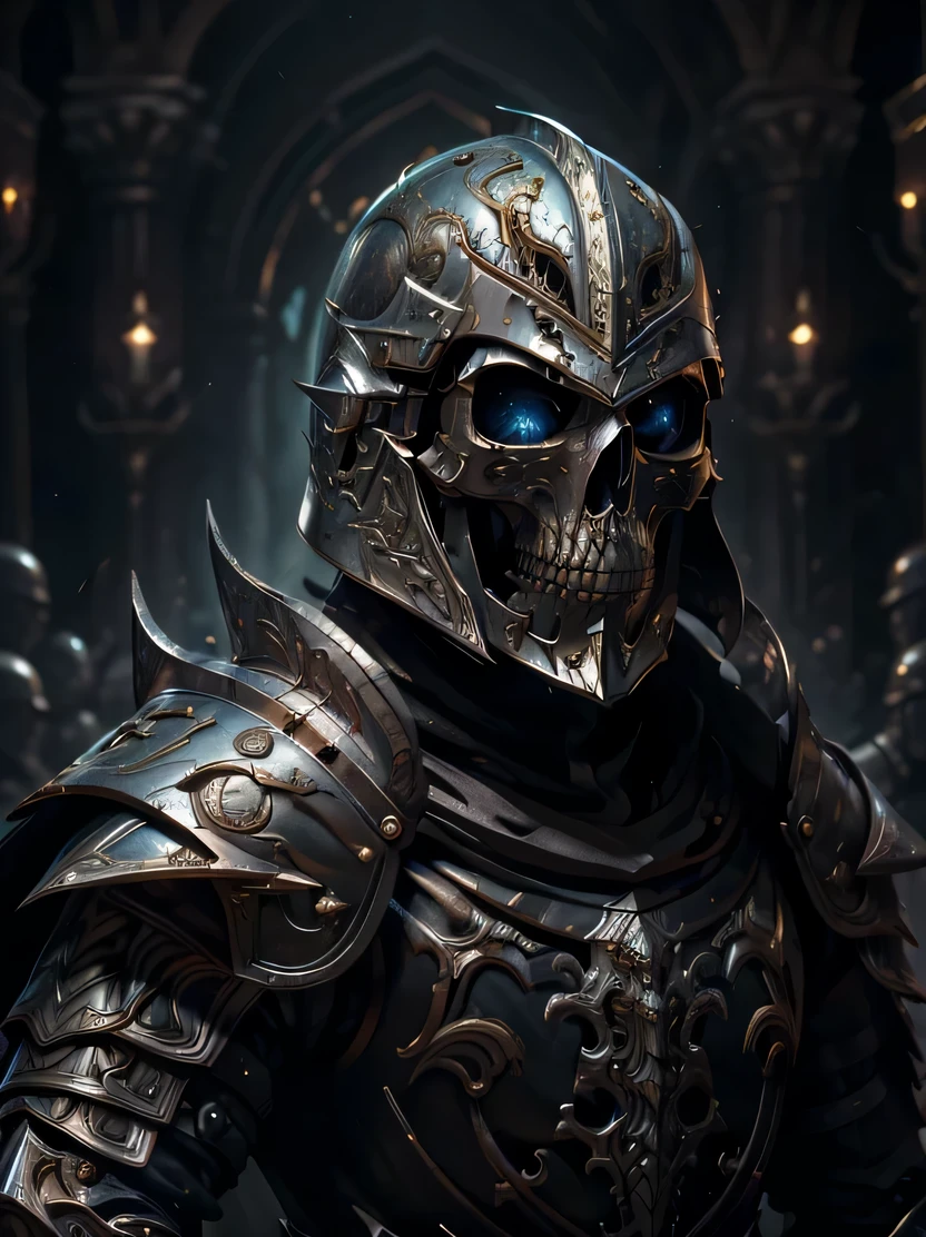 ((masterpiece、highest quality、Genuine、Very detailed、High resolution、Sharp focus、Photorealistic、Cinematic lighting))、Cowboy Shot、((One man、Skinhead))、Roman armour of the Middle Ages、Black worn armor、Full-face helmet、Skull-shaped helmet、It&#39;s dark inside the helmet、Black Cape、Warriors、middle ages、Dynamic Action、Combat Stance、Detailed hand drawing、medieval armor、skull