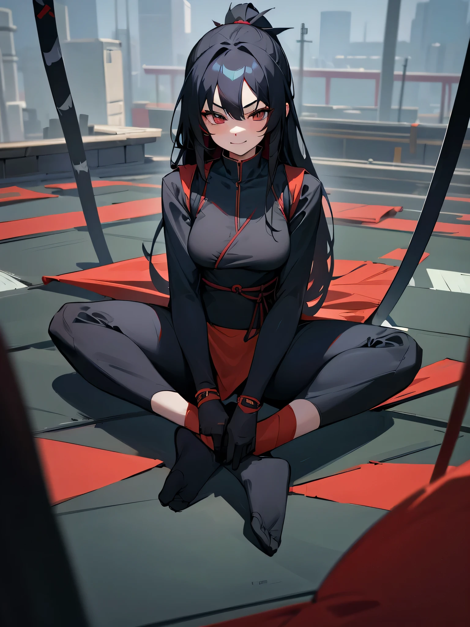 1girl, black long hair, asian eyes, wearing ninja suit, sitting on top of roof, absurdres, high res, ultrasharp, 8K, masterpiece, looking at viewer, smirking, katana