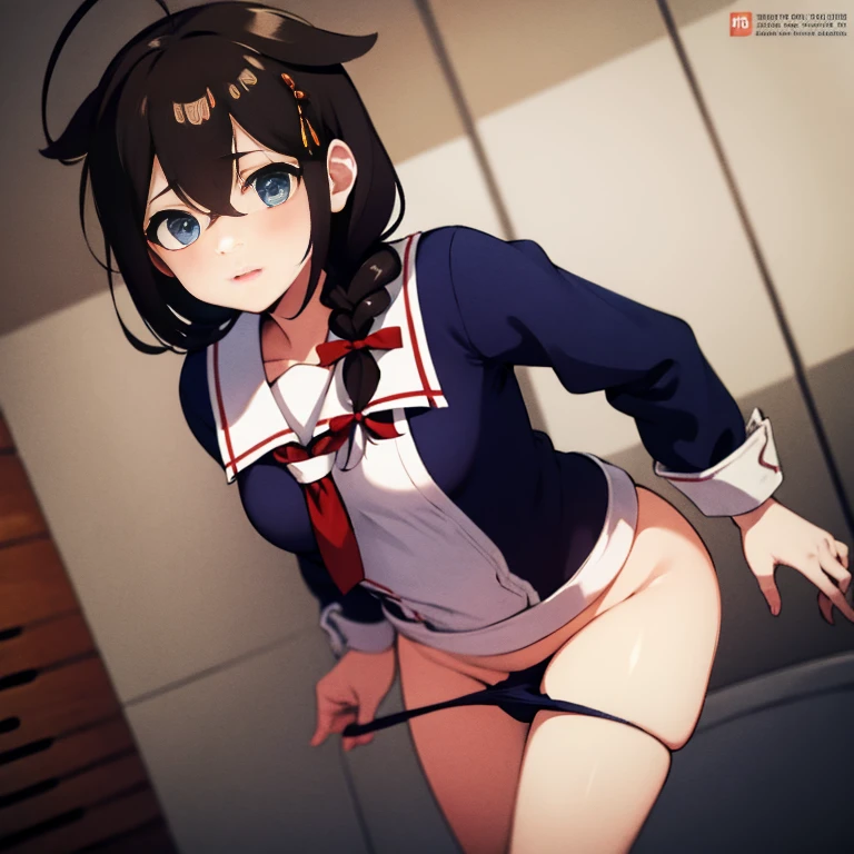 skirt lift, panties pull, lift skirt, undressing, undressing panties, drop panties, lower panties, hang up panties, panty pull, good, Wet, From below、Small breasts、Embarrassing、 、gym storeroom、(masterpiece, best quality:1.2), illustration, 8k, hd, 1girl, solo), long hair, single braid, shigure, ahoge, brown hair, blue eyes, braid, hair ornament, hair over shoulder, long hair, single braid, hair flaps, black gloves, black serafuku, black shirt, black skirt, fingerless gloves, gloves, neckerchief, pleated skirt, red neckerchief, sailor collar, , serafuku, shirt, skirt, white sailor collar, gym storeroom