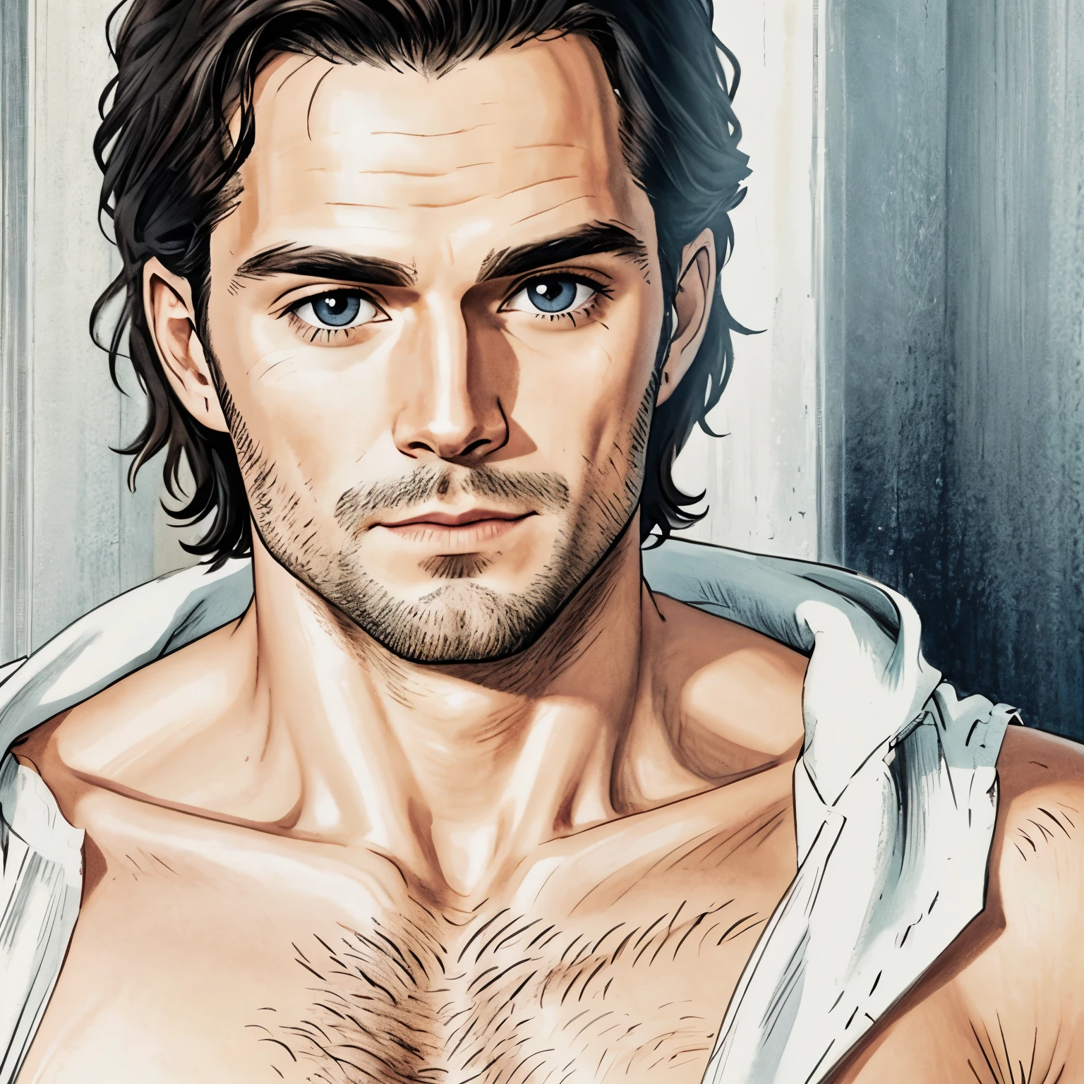 Photo RAW portrait handsome, Henry Cavill super man, piercing gaze, high quality textures, high quality shadows, high detail, beautiful detail, fine detail, extremely detailed computer graphics, detailed textures, realistic faces, atmosphere of fear and unease, sensual moment from the point of view of someone in a close embrace with a muscular man bathing in smoke with bright laser eyes