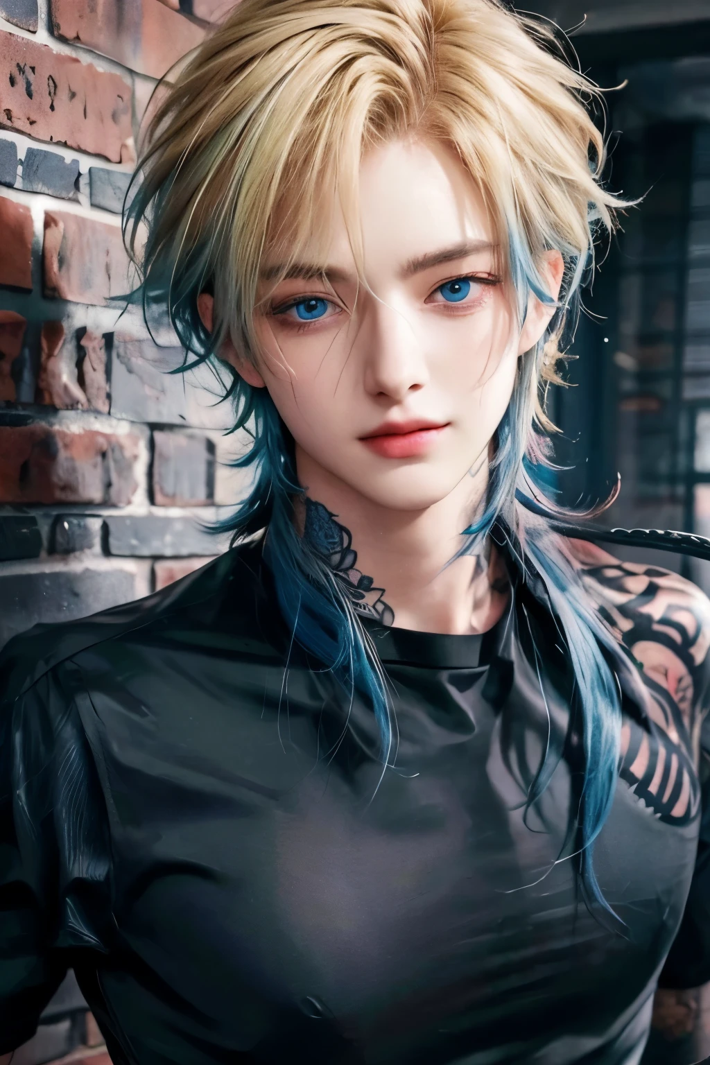 a close up of a person with blue hair and a tattoo on, by Yuumei, beautiful androgynous prince, stunning realistik face portrait, delicate androgynous prince, handsome guy in demon slayer art, tall realistik guy with blue eyes, artwork in the style of guweiz, cai xukun,  boy, realistic  artstyle, male realistic style