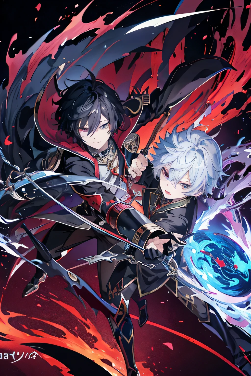 Anime boy fighting a dragon, shadow young wizard, Epic anime style, anime key artโดยละเอียด, Shadowverse style, Fantasy style anime, Demon Man, anime key art, conjunctivitis, black hair, chief&#39;uniform,Fencing,