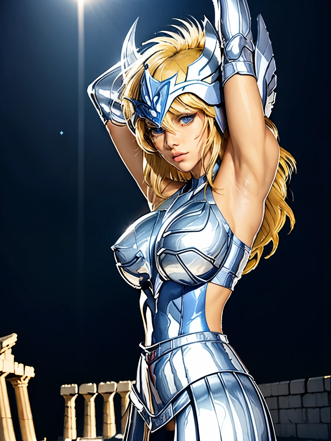 masterpiece, best quality, ultra high res, realistic skin texture, armature, (photorealistic:1.4), high resolution, raw photo, shiny skin, (detail skin:1.2), realistic skin texture, best lighting, (perfect breast:1.3), sparkle, dramatic lighting, dynamic pose, (greek temple background:1.3), night sky, cosmos, milky way, 1girl, (short blonde hair:1.5), cygnus_hyoga, (blue shirt:1.2), (helmet:1.2), silver plate armor, shoulder armor