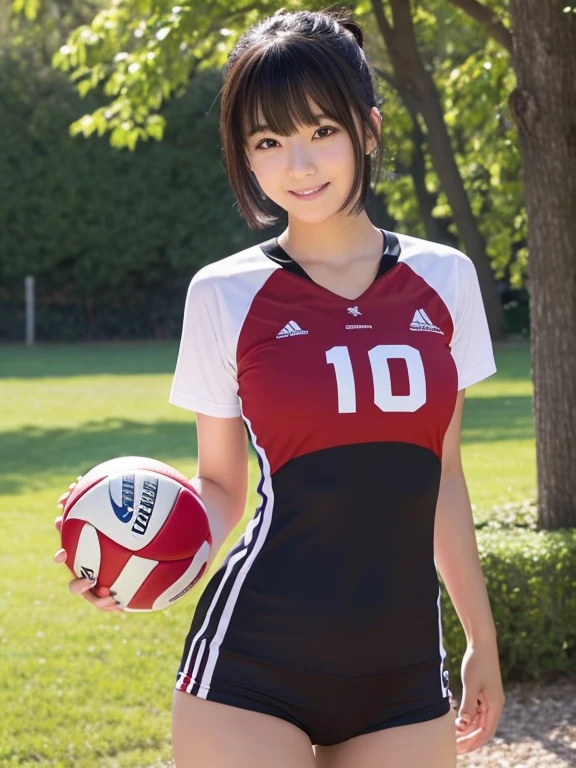 ((Whole body 1.4))((masterpiece)), ((best quality)), (ultra-detailed), ((kawaii)), cute, (lovely), realistic, real, full body, In town, daytime, a cute girl, 1girl, solo, beautiful black hair, beautiful black eyes, ((beautiful eyes)), short hair, ribon, smile,Volleyball player in red uniform,Small breasts,Are standing