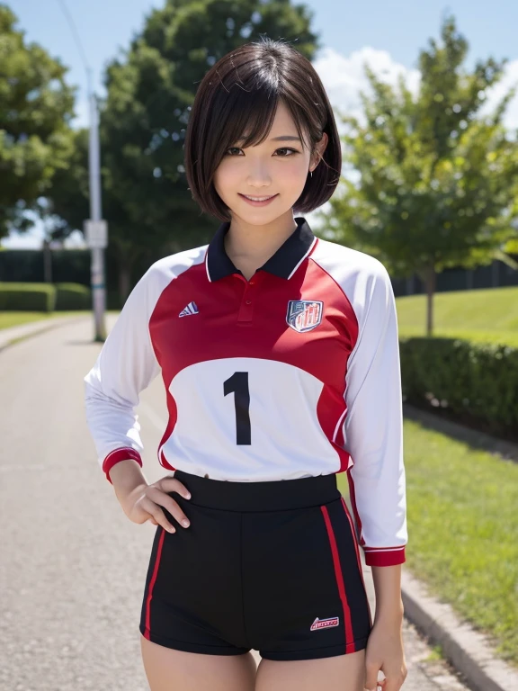 ((Whole body 1.4))((masterpiece)), ((best quality)), (ultra-detailed), ((kawaii)), cute, (lovely), realistic, real, full body, In town, daytime, a cute girl, 1girl, solo, beautiful black hair, beautiful black eyes, ((beautiful eyes)), short hair, ribon, smile,Volleyball player in red uniform,Small breasts,Are standing