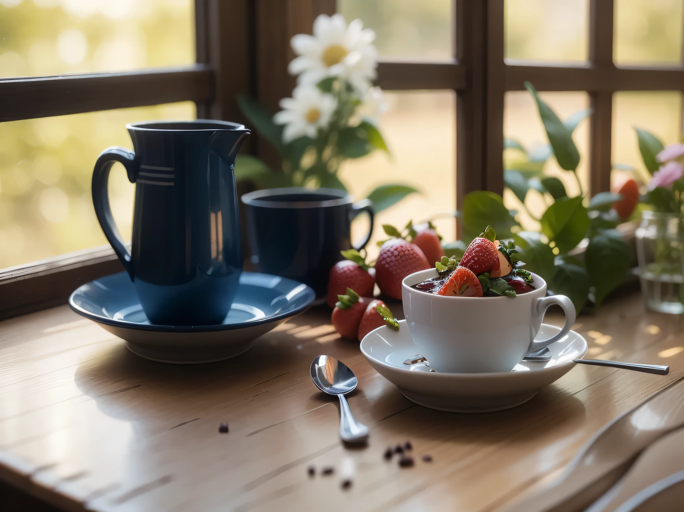 On the tableにはイチゴのカップとベリーの皿が置かれている, sunny Morning light, Evening sunlight, ☕ On the table, summer Morning light, Afternoon sunshine, Food photography with style, hard Morning light, Golden hour in the morning, close-up photo of food, Morning light, High-quality food photography, still life photography, natural Morning light, Afternoon sunshine, Evening Light