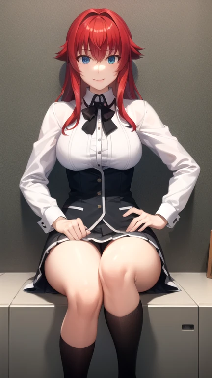 mejor calidad, Obra maestra, detallado,
riasgremory,
1 chica, boca cerrada, sonrisa, rubor,
cabello rojo, pelo largo, blue eyes, ahogo,
, camisa de rayas, cinta para el cuello, lazo negro, black corset, falda morada, pechos enormes,
de pie, mirando al espectador,
adentro, Castillo