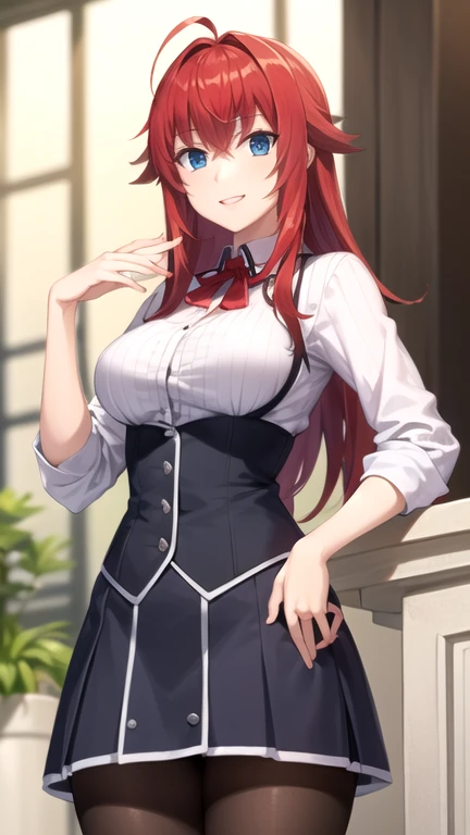 mejor calidad, Obra maestra, detallado,
riasgremory,
1 chica, boca cerrada, sonrisa, rubor,
cabello rojo, pelo largo, blue eyes, ahogo,
, camisa de rayas, cinta para el cuello, lazo negro, black corset, falda morada, pechos enormes,
de pie, mirando al espectador,
adentro, Castillo