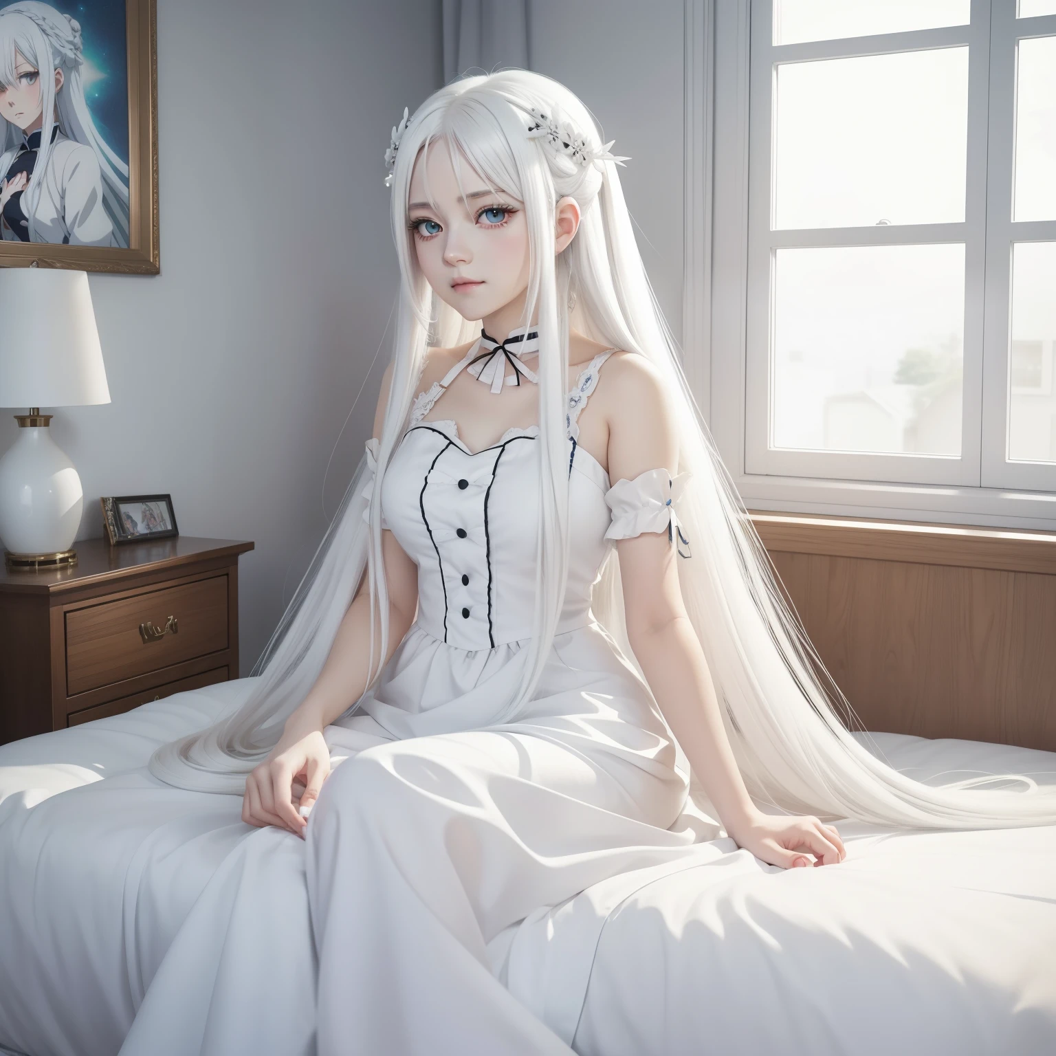 Anime girl with long white hair sits on the bed.,  in dress, have white hair deity, perfect have white hair girl, หญิงสาวwhite hair, Cute anime waifu in pretty outfits, Charming anime girl, , have white hair, Anime pictures of cute girls, white hair, Clean, detailed anime art., Nightcore, beautiful anime girl