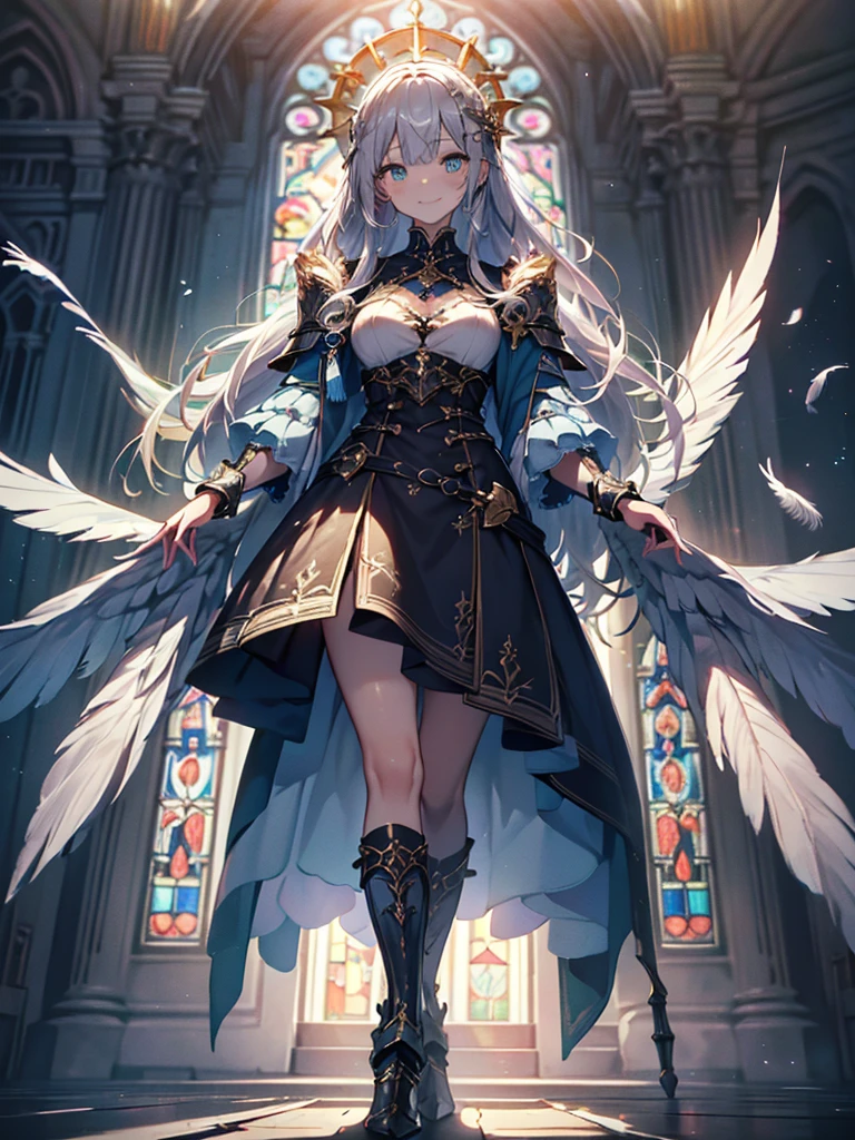 (Official art、Best Quality、Unity 8k Wallpapers、32K、masterpiece、ultra-detailliert、超A high resolution、The best illustrations、Very ridiculous:1.2)、(Cinematic lighting:1.2)、Fireglow effect、film grains、Best Shadows、Rim lighting、side lights、(Ultra-detailed and complex 3D rendering)、Detailed beautiful face and eyes、Sharp pupils、Realistic pupils、A slender、1Man Woman、Medium bust、(Full body:1.2)、 beauitful face、16-year-old beautiful girl、(super detailed skin、detailed skin textures:1.3)、(silver blond、Blue-silver hair:1.3)、Paladin、Longhaire、Blunt bangs、Green eyes、3 braids in 1 bunch、(Blue Armor、Blue Boots、Blue helmet、Jeweled、Gold embroidery)、A slender、Maxi skirt、(thighs thighs thighs thighs:0.8)、(chies、in a house、Artistic stained glass、Large pipe organ、Hello Point、Mystical、a lot of feathers float、angelicales、Particles of light、solemnity、Sunlight is、colourfull、Fantastical:1.2)、(Fantastical:1.3)、(Holding the Holy Sword:1.0)、Fantastical、Smiling smile