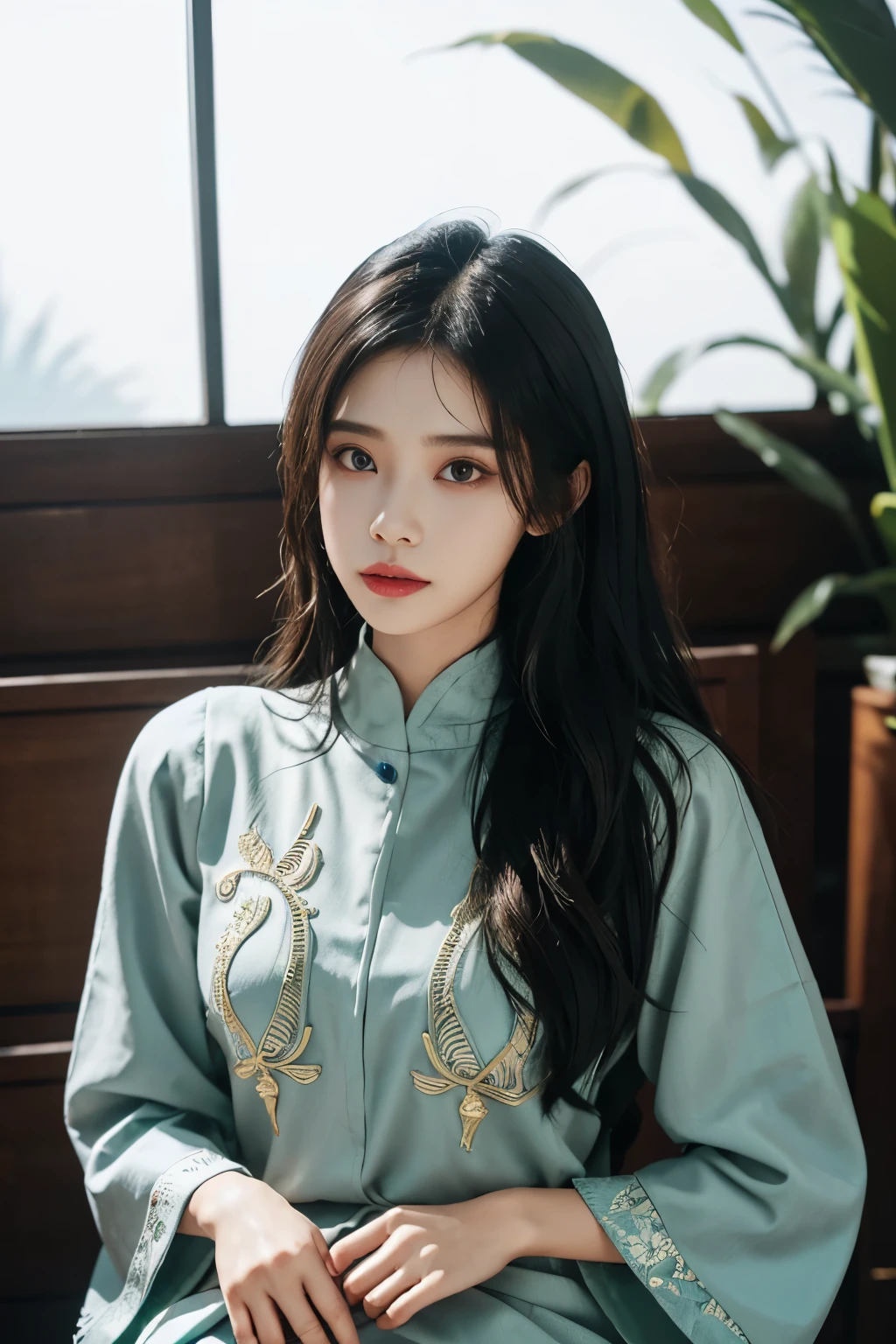 1 gadis cantik indonesia,rambut di sanggul dan ada hiasan kembang melati dan mahkota,memakai setelan kebaya adat Bali berwarna putih,rok kain batik.