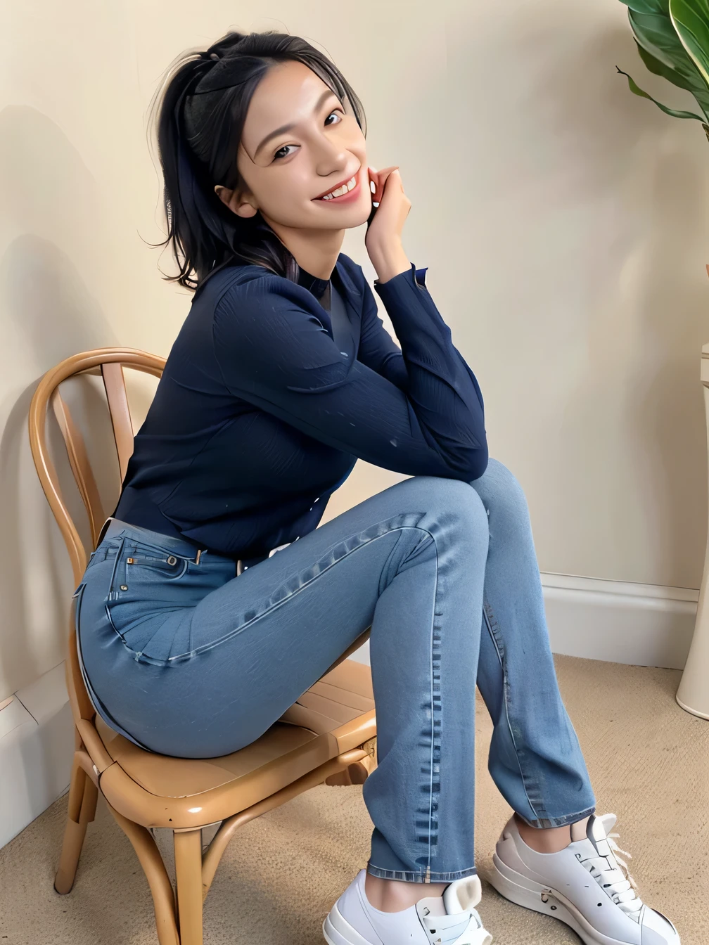 8k, Realistic, RAW Photos, highest quality:1.4), (Realistic face), (Black Hair、short hair、Beautiful Hairstyles、ear piercing、, smile、Beautiful teeth alignment、Beautiful little blue eyes, (Realistic skin texture), (Beautiful Skin),charm, Ultra-high resolution, Ultra-Realistic Skin, (Natural light)、Golden Ratio, ((smile)), ((full body shot)), Long sleeve(blouse、((Skinny jeans、sneakers) 、Sit on a chair