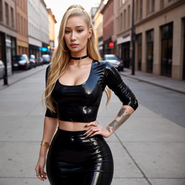 Masterpiece, best quality, detailed face, Iggy Azalea, sexy tight dress, exposed midriff, make-up, in her 20's, youthful, sexy, standing,  